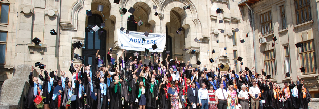 Medical students and personnel in front of medical school, Dunarea de Jos University of Galati