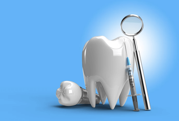 A dental implant surgery concept image showing dental tools and instruments on a blue background.