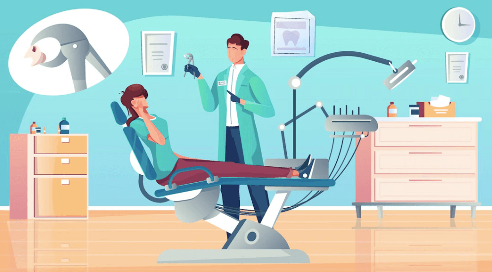 Illustration of a dentist office with a patient in a dental chair and a thought bubble with a tooth being removed.