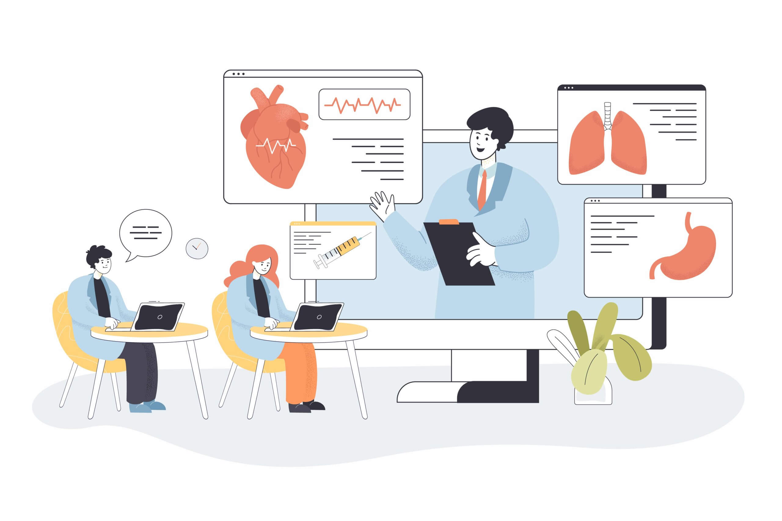Students learning medicine online on webinar in virtual class