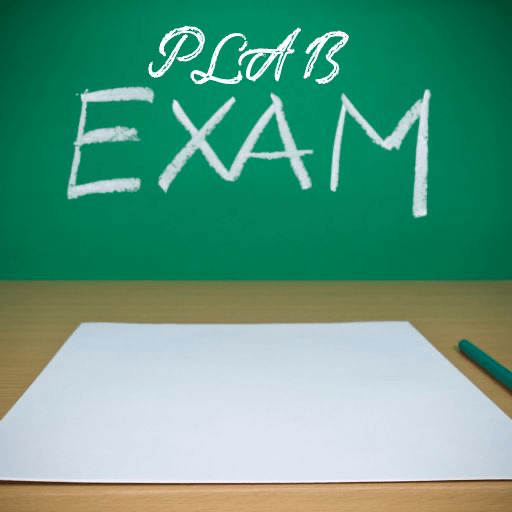 A green board with white chalk writing that reads "PLAB Exam".
