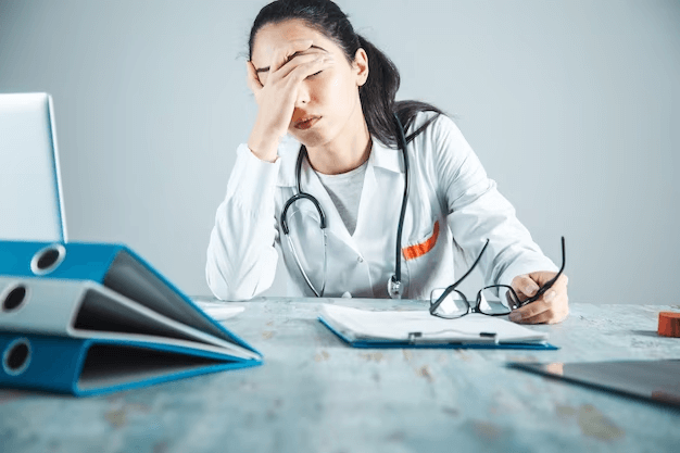 Young female doctor looking worriedly at a computer in a clinic.