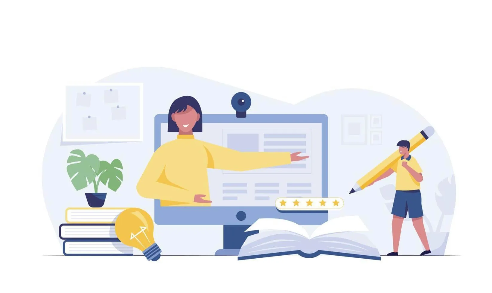 online-education-or-e-learning-home-school-teacher-teaching-students-on-computer-illustration-vector